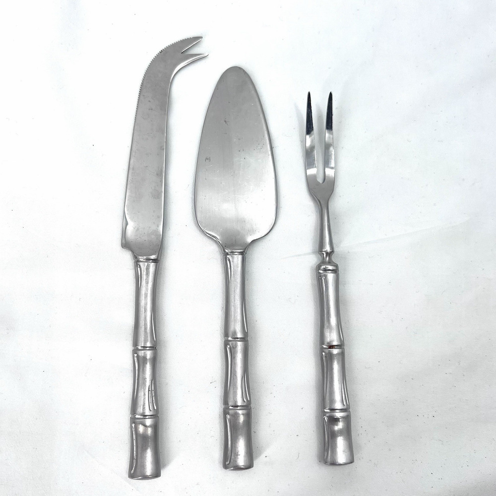 Vintage Supreme Cutlery 3-PC Stainless Cheese Serving Set Bamboo Handles Japan